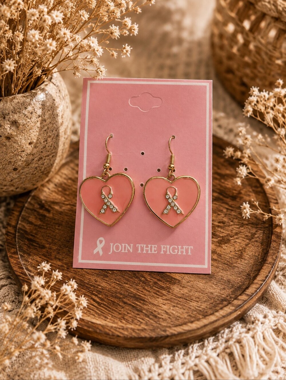 Breast Cancer Heart Ribbon Dangle Earrings - Pink